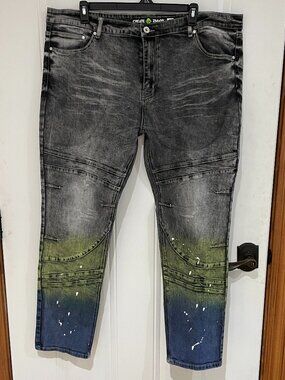 CREATE 2MRW Slim Fit Tapered Mens 44x32 Distressed Painted Ombré Denim Jeans NEW